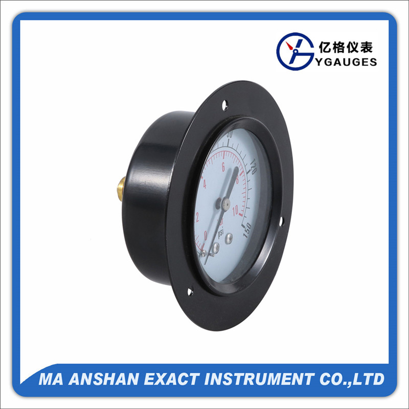 Dry pressure gauge, back connection, black steel case, with front flange,brass connection