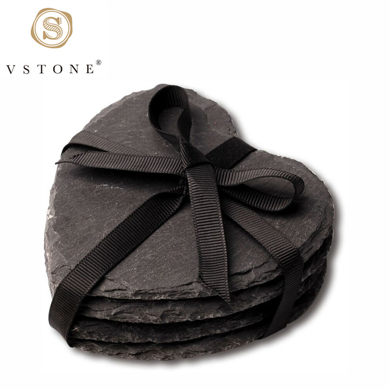 4pk heart shape slate stone coasters with ribbon，marble craft