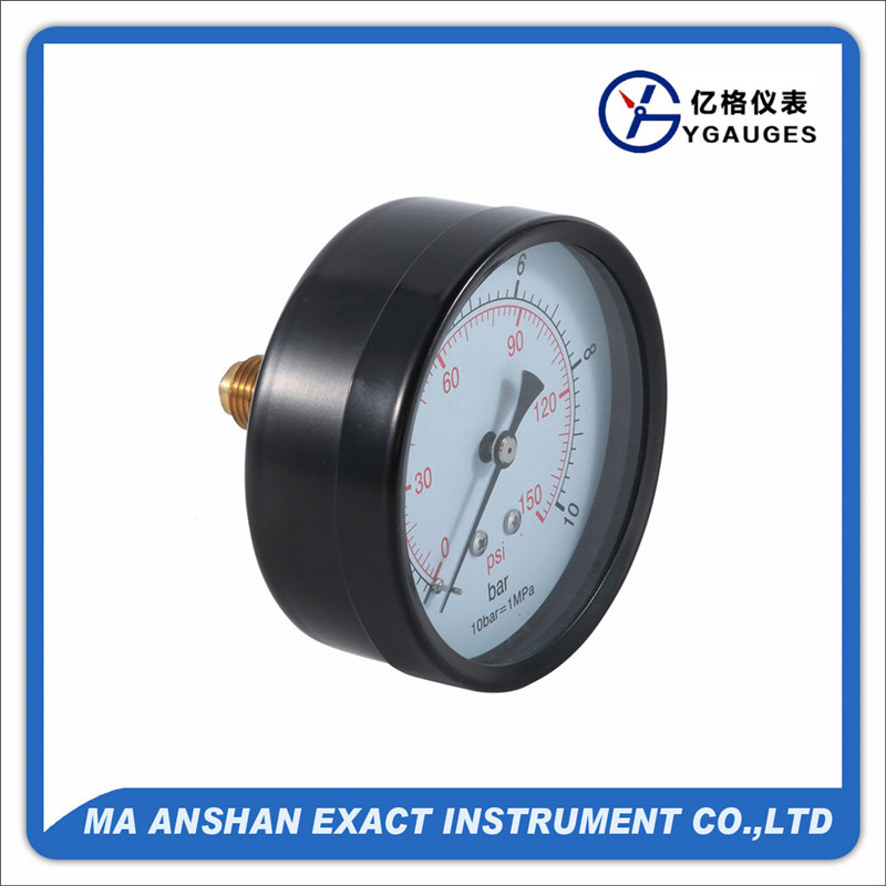 Dry pressure gauge, back connection, black steel case, brass connection.