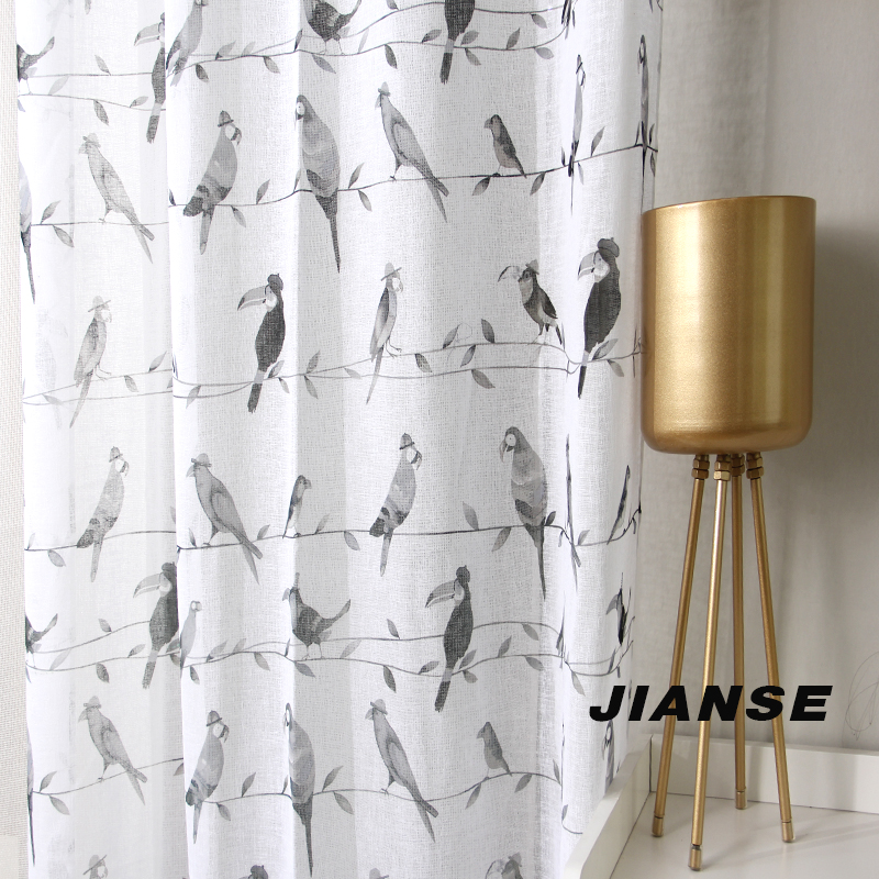 CURTAIN A3892 Brids printed linen look curtain fabric for living room