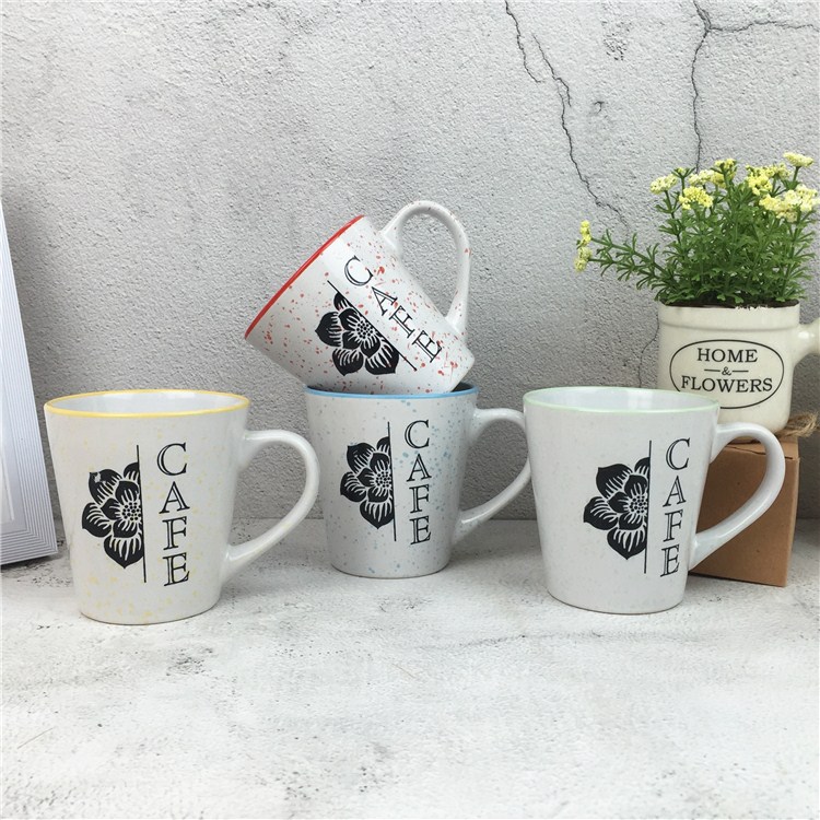 2020 Hot Sale Stoneware Mug with printing and speckle finish with colored rim for home restaurant 250 ml 9OZ coffee mug ceramic mug