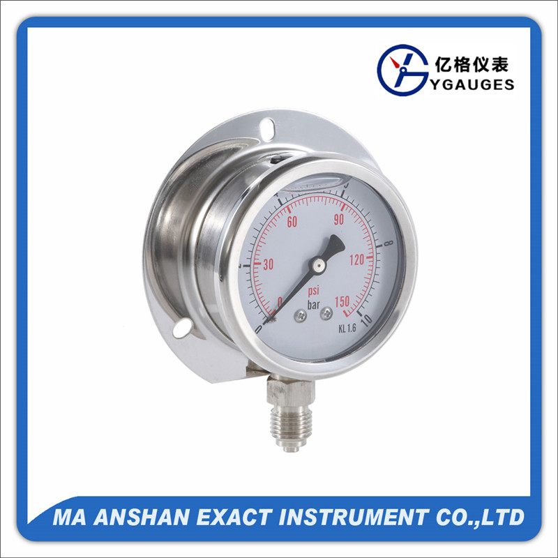 pressure gauge, Glycerine filled ,crimpled type, bottom connection, with back flange, 304 stainless steel case, S.S. connection