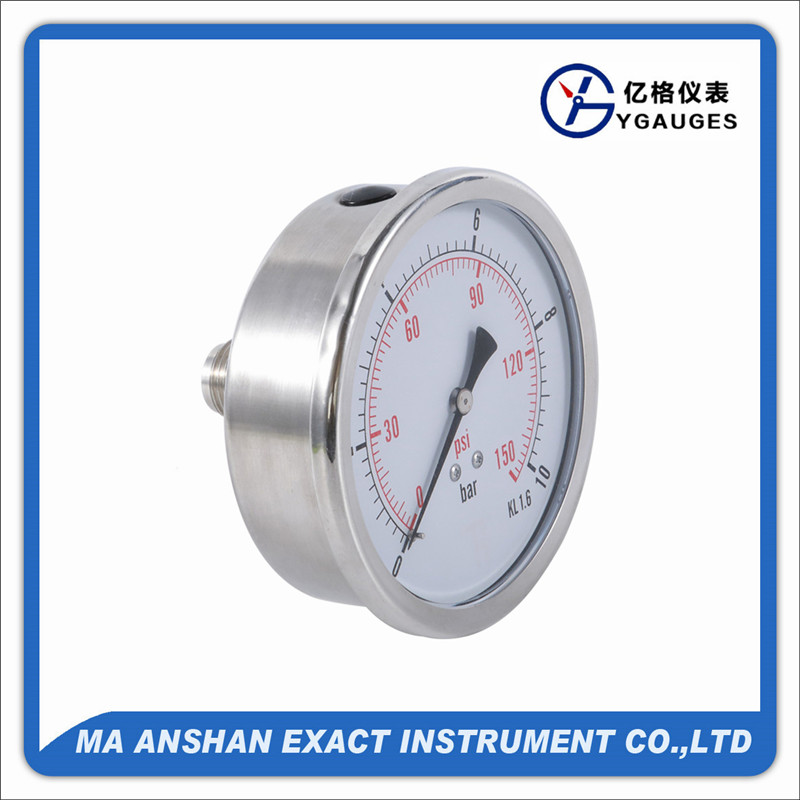 pressure gauge, All S.S. Glycerine filled, back connection, 304 stainless steel case, S.S. connection