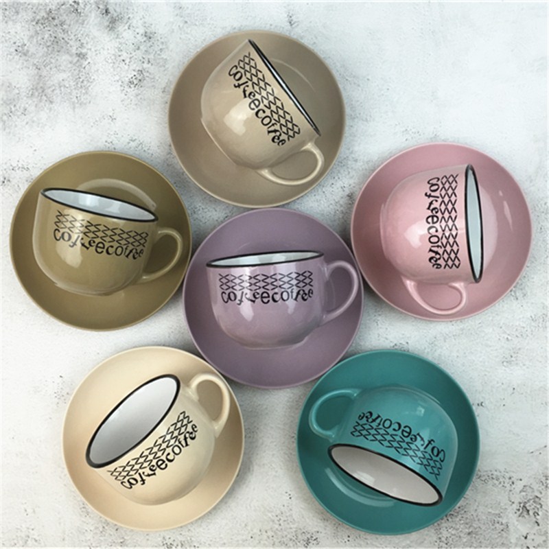 Elegant Glossy shiny glaze ceramic 270ml/9 oz engraved coffee cup and saucer ，set of 6 coffee cup set