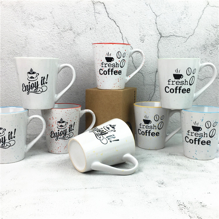 Latest Stoneware Mug with print and speckle with colored rim for home restaurant 360 ml 13OZ coffee mug ceramic mug