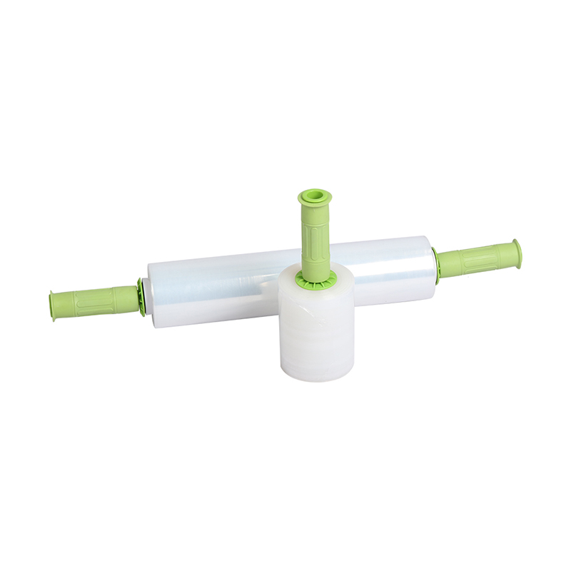 Hand stretch wrap with extended re-usable re-movable plastic soft handle