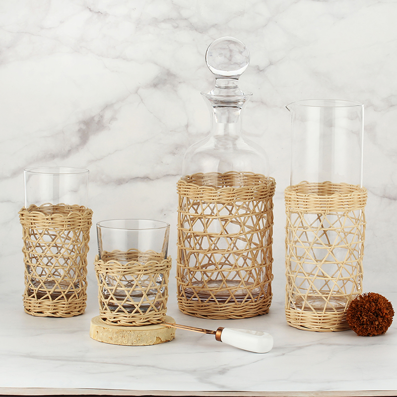 Country style tableware clear glass whisky pitcher carafe tumbler highball with rattan wrap drinkware