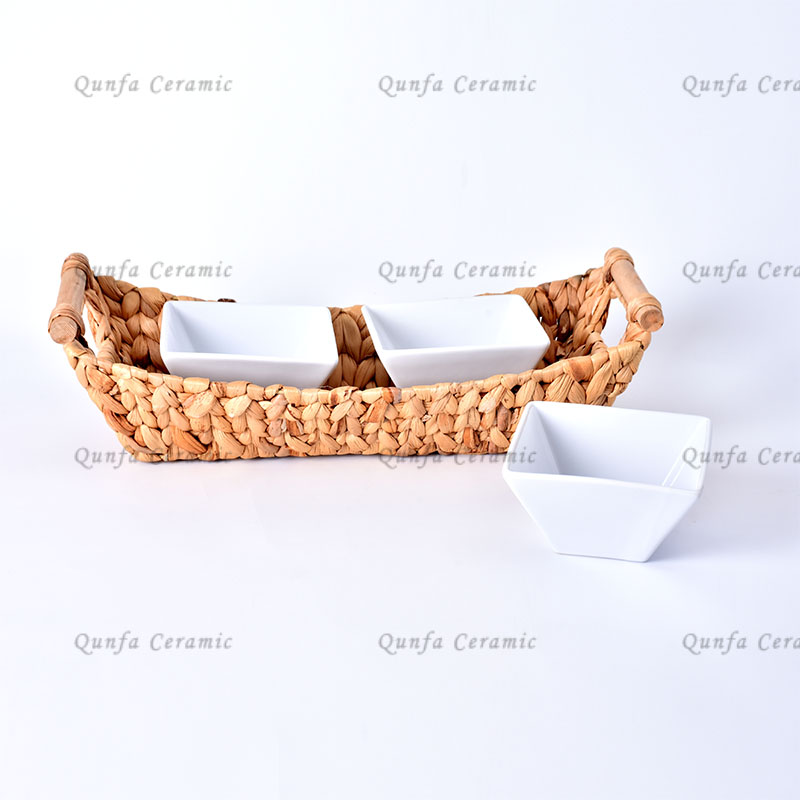 Ceramic set of 3 square bowl with rattan basket