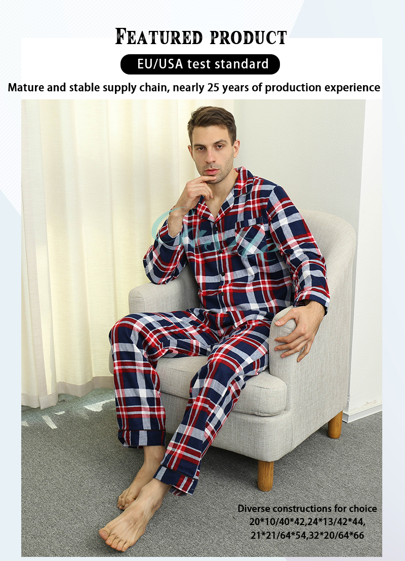 Mens flannel pj set，mens cotton flannel pj