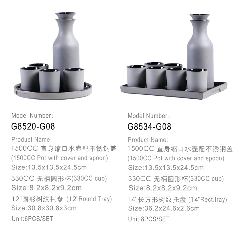 color clay durable porcelain bottle and cups with tray