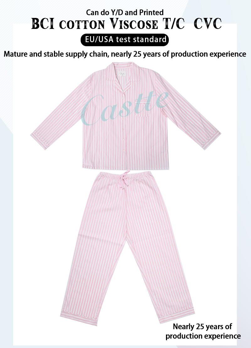 Ladeis Y/D Stripe Poplin Butotn Pajama Set
