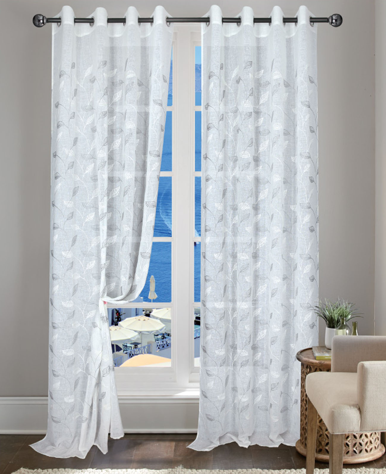CURTAIN E880 Leave Embroidery Window Curtain faux linen fabric for living room