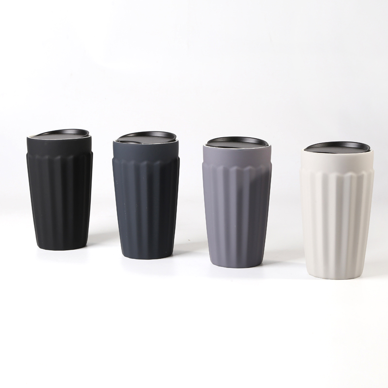 12OZ doubel wall mug,embossed Creases texture,soft touch,PP lid, 355ml