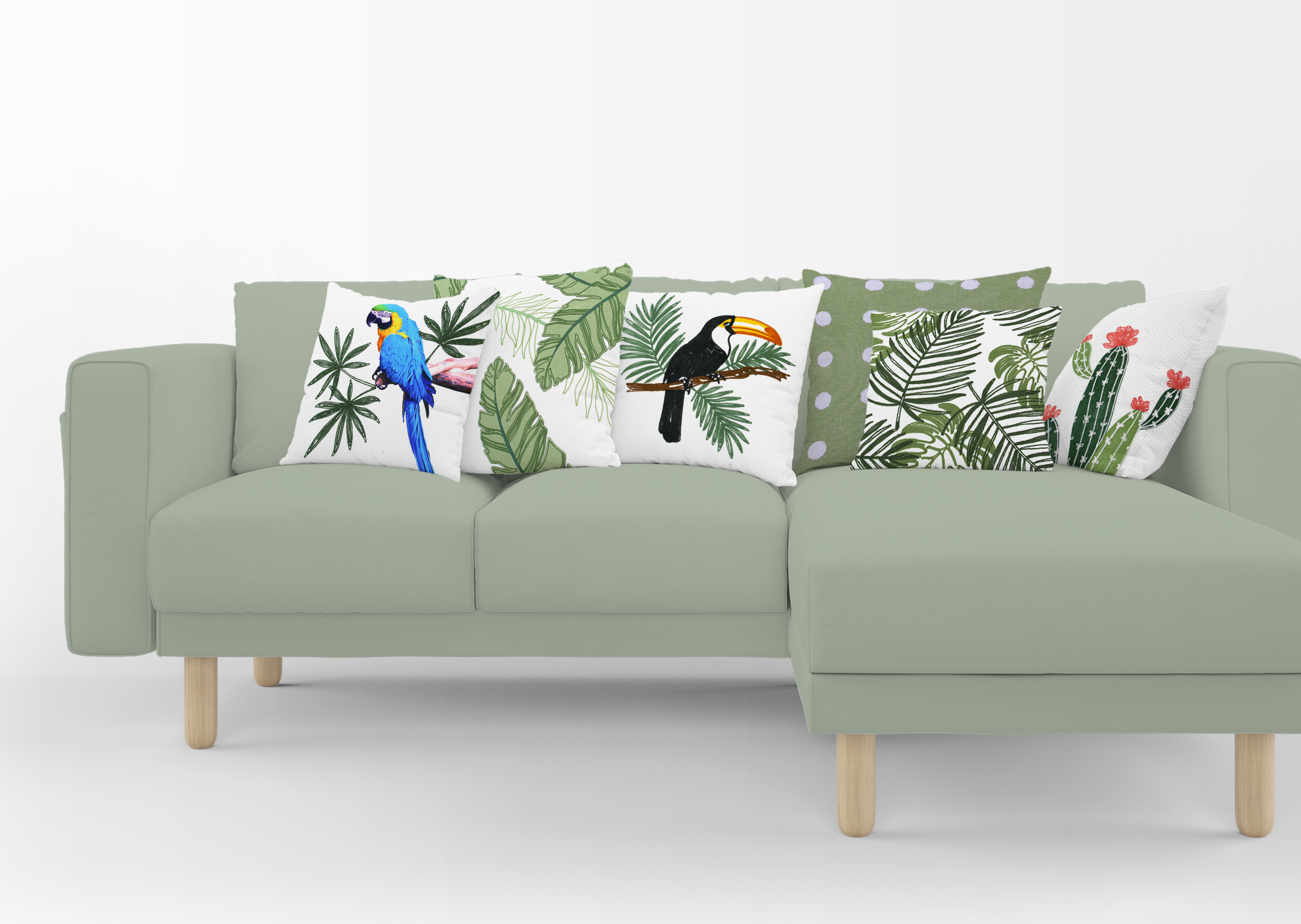 A Compostion Tropical Bird Toucan Parrot Cactus Palm Leaves Embroidered Pillow