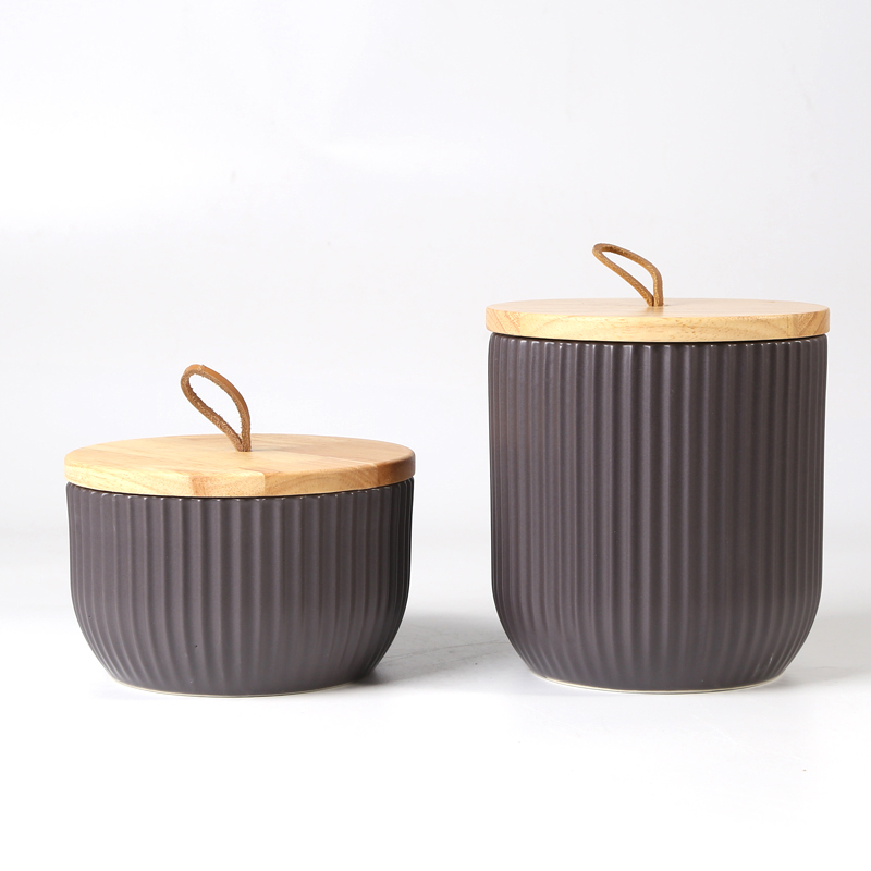 Storage canister,wooden lid, embossed vertical lines texture,matte glaze,2 sizes