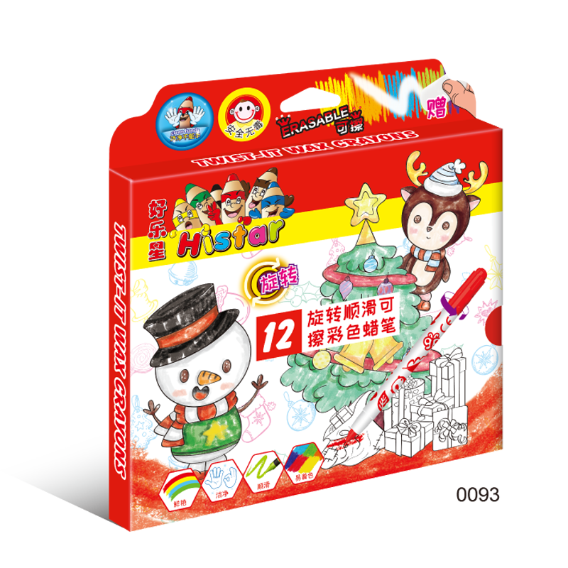 12 twistable wax crayons in paper box with eraser