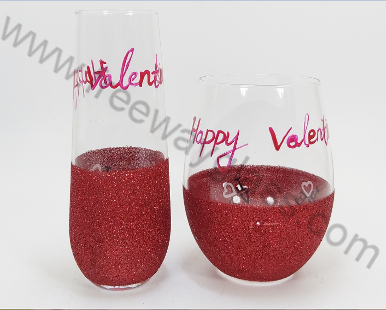 Stemless champagne glass and stemless wine glass with Red glitter hand-painted