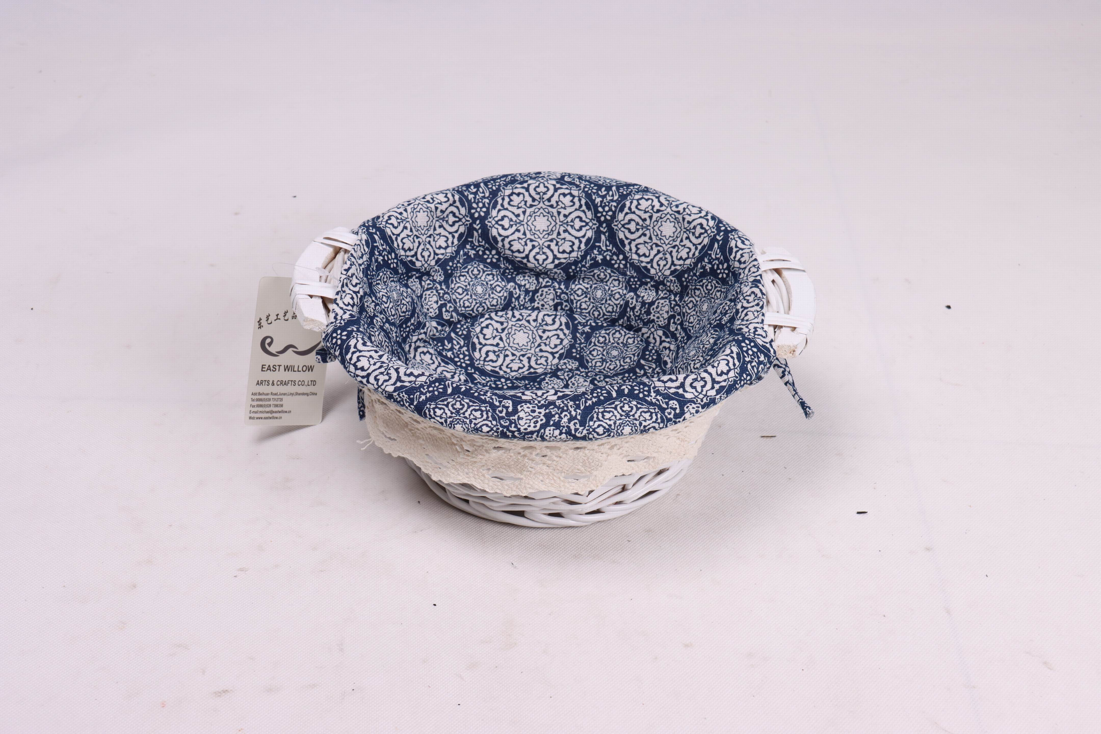 Small round willow bread basket with wood handle