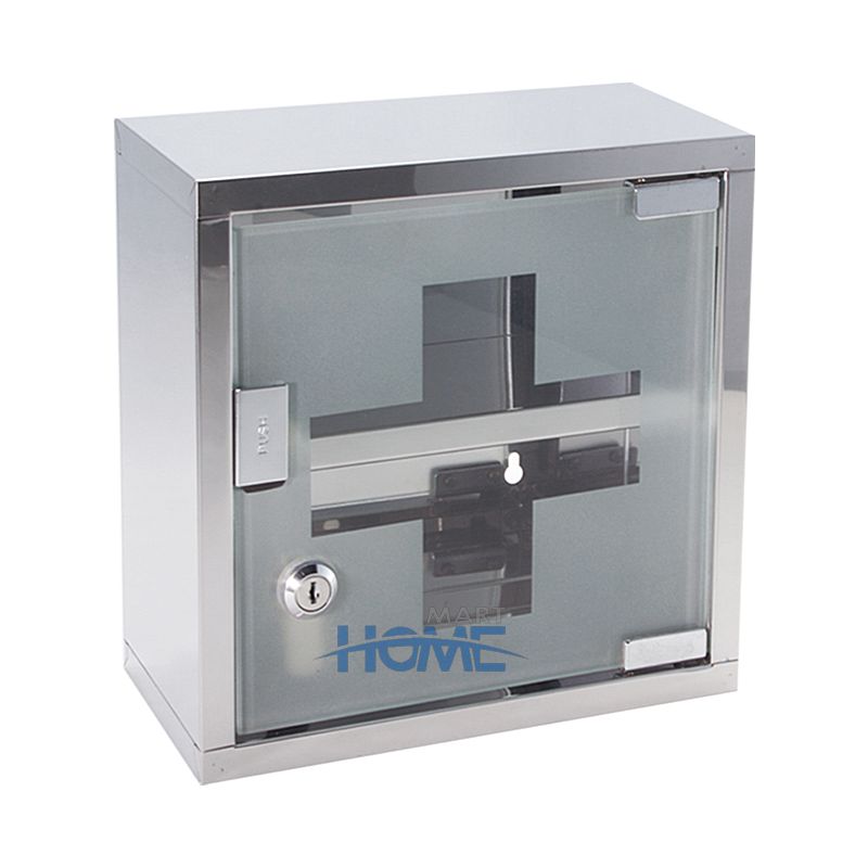 Home Hospital Use Metal Medicine Cabinet Temperating Glass Door With Lock Bathroom Wall Hanging Single Door First Aid Kit Box