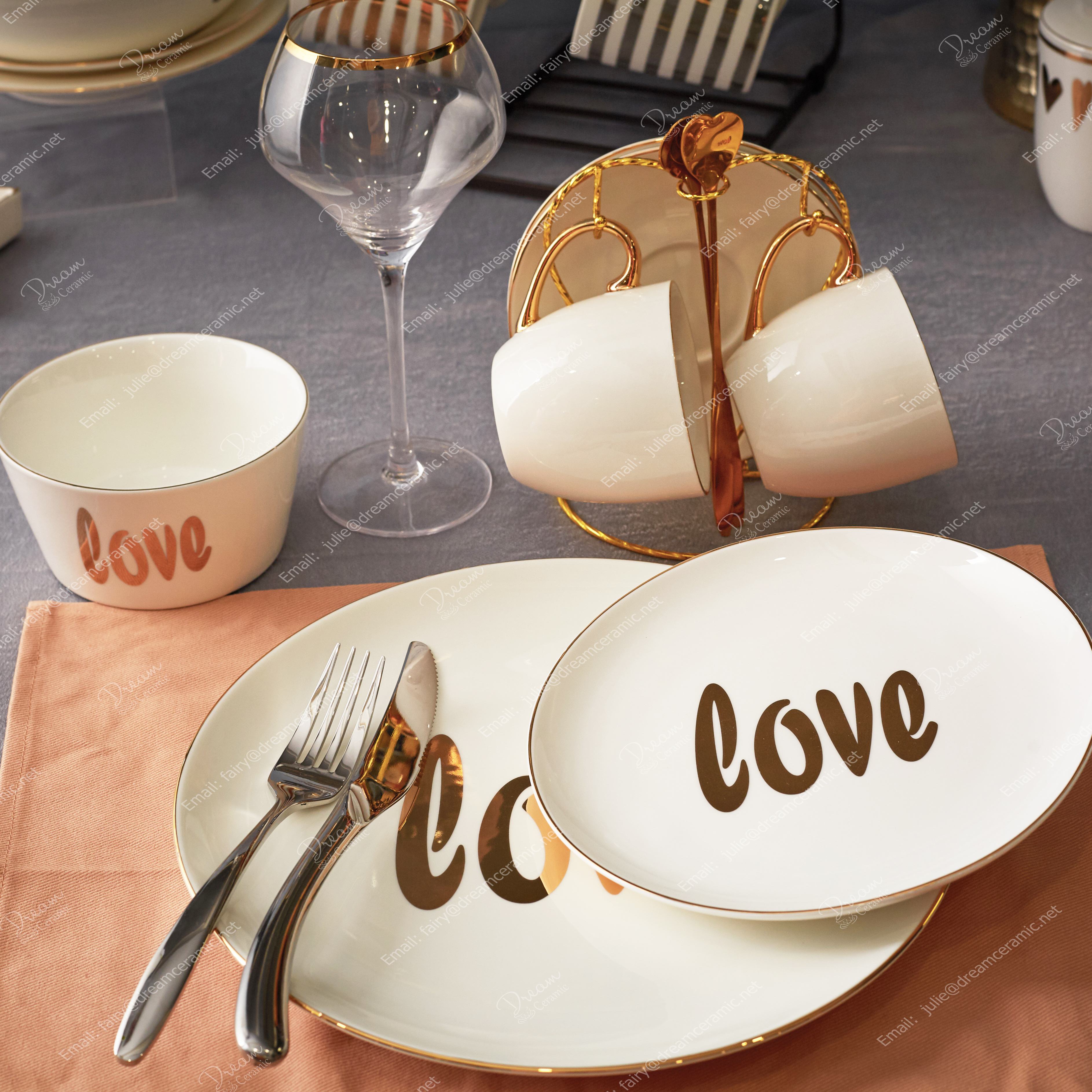 Valentine's day mug, Valentine's day dinner set, gold dinner set, gold mug