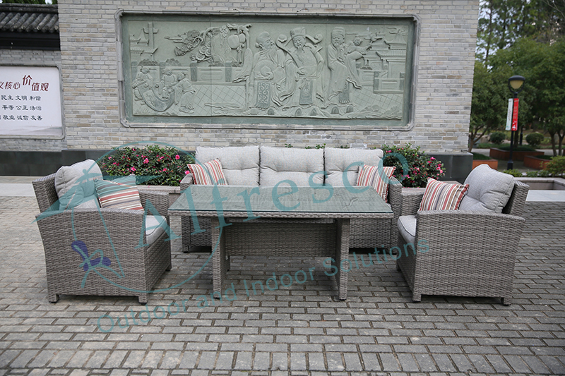 Alum K/D sofa with dining set