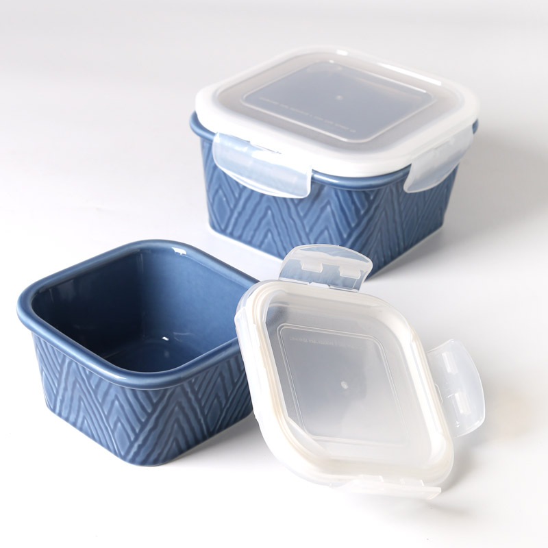 5.7"Food storage container,PP lid,embossed texture,Oxidized glaze,square ，Ceramic food storage container,embossed texture