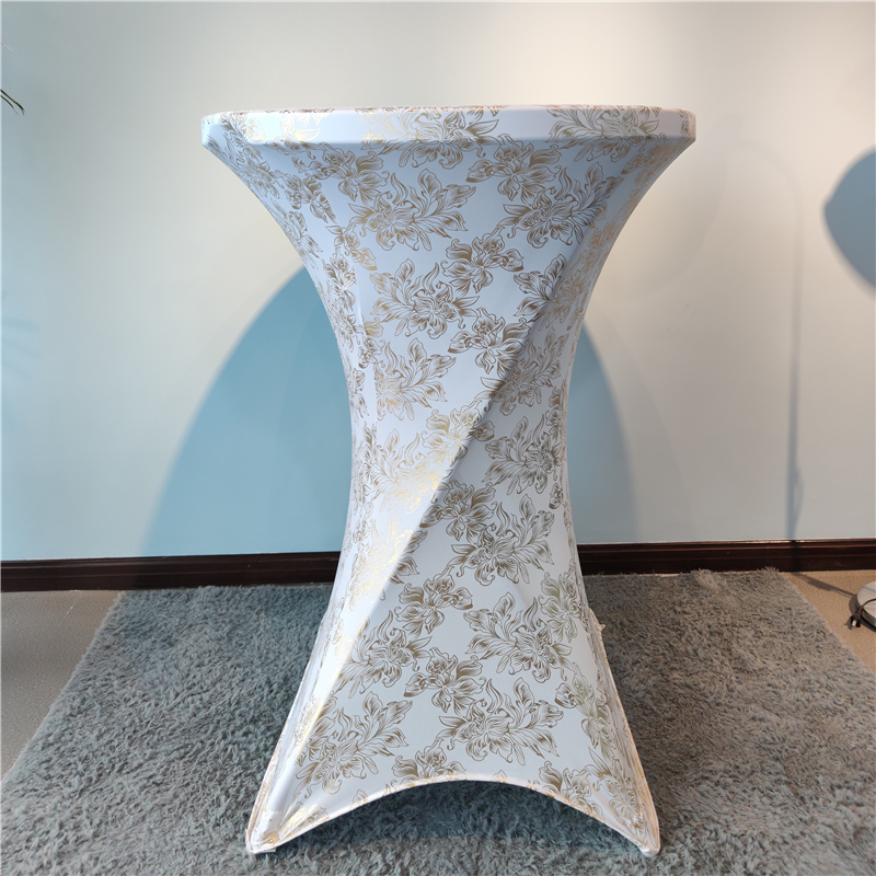80 x110 cm round polyester stretch gold metallic printed spandex cocktail table cover for outdoors party table cloth