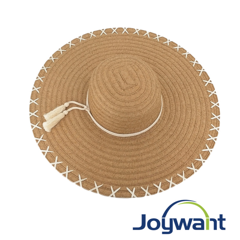 Hand-sewn decorated straw hat with large brim beach sun hat