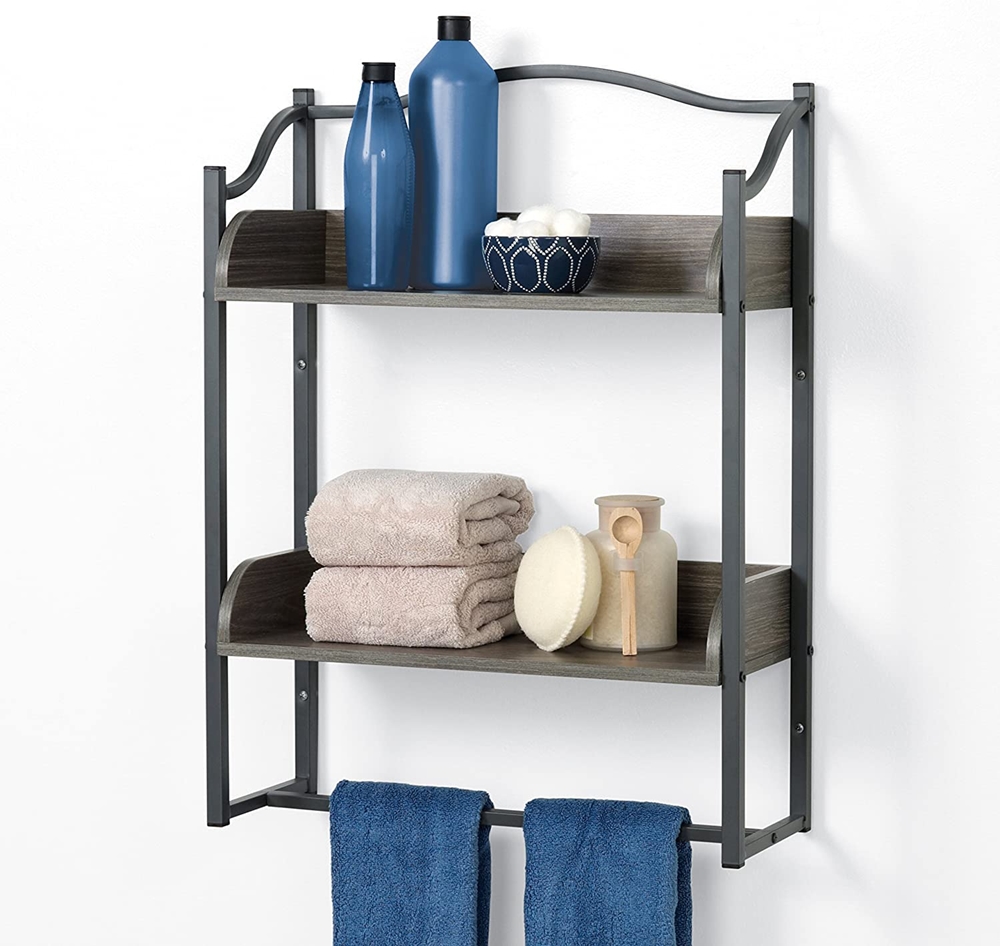 2-Tier Metal Bathroom Wall Shelf, Driftwood Grey/Pewter