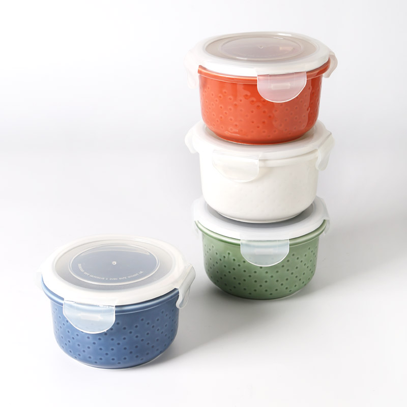 5"Food storage container,PP lid,intaglio dots,Oxidized glaze,round ，Ceramic food storage container,intaglio dots