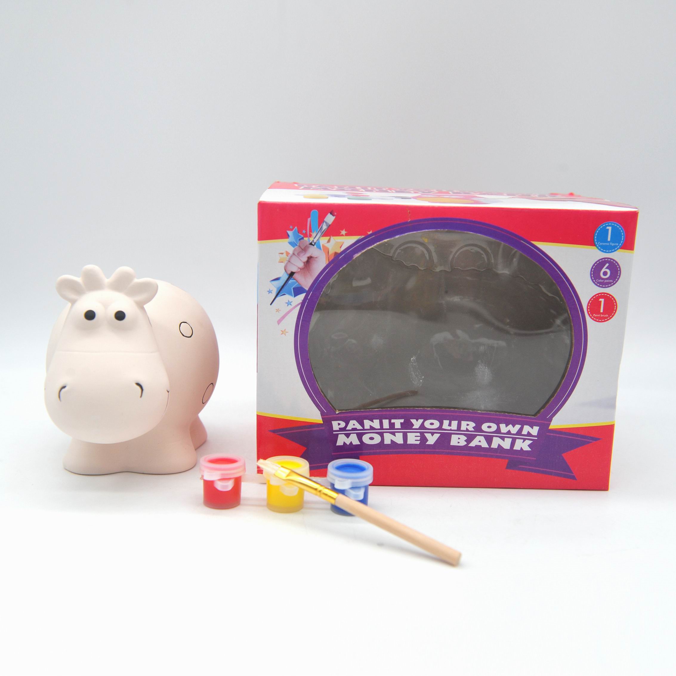 DIY Ceramic paint your own money bank with 6 color painting 1 brush for children