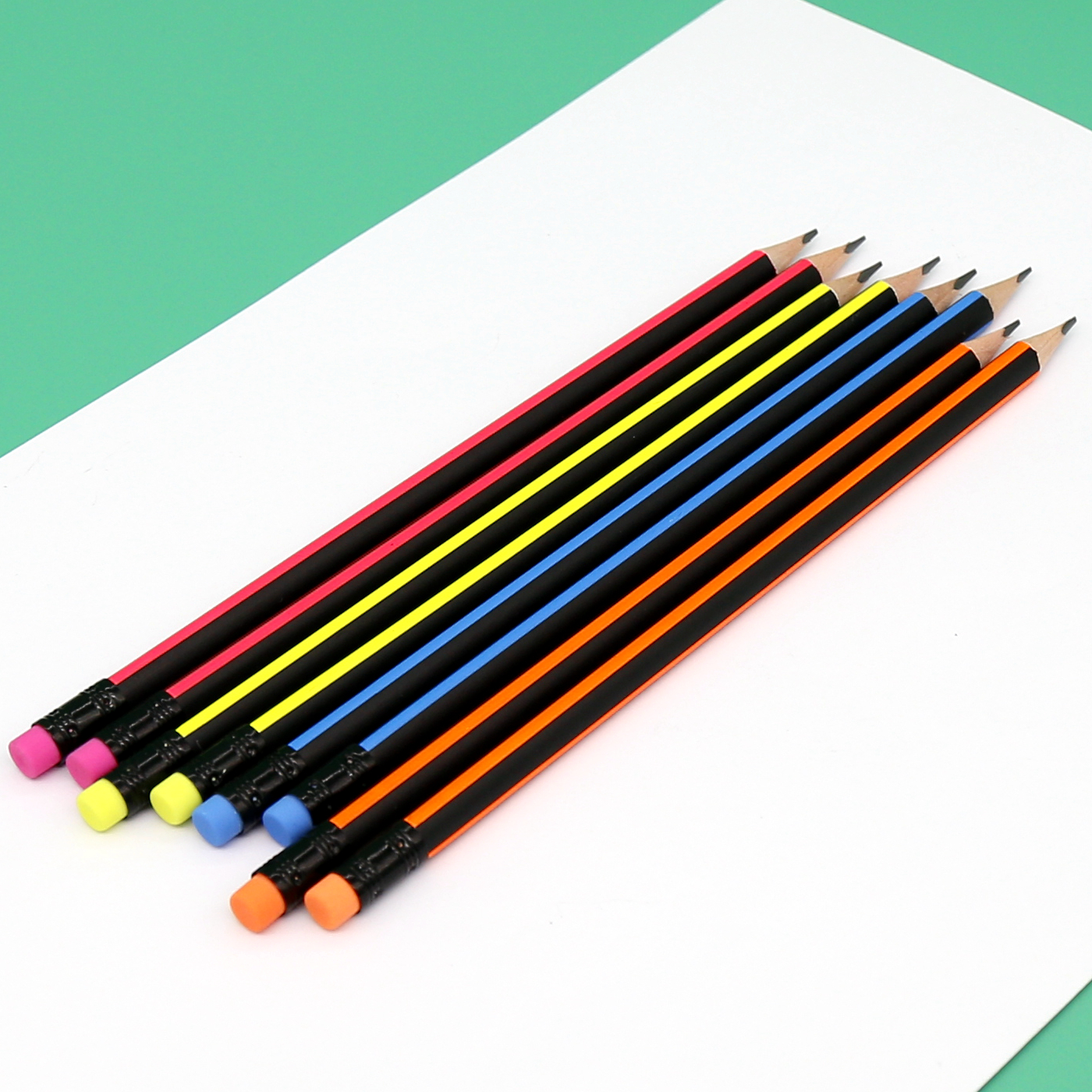 HB Pencil, Neon Colors Striped Body wtih Eraser, Trainglar Shape High Quality Factory Customized Pacakge Wholesale