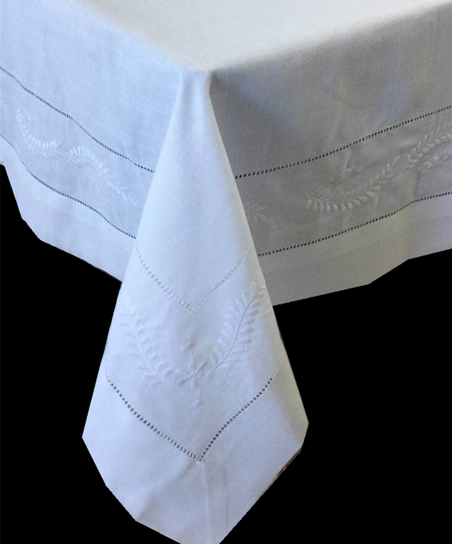 White Poly Linen Look Embdroidery Tablecloth With Hemstitch