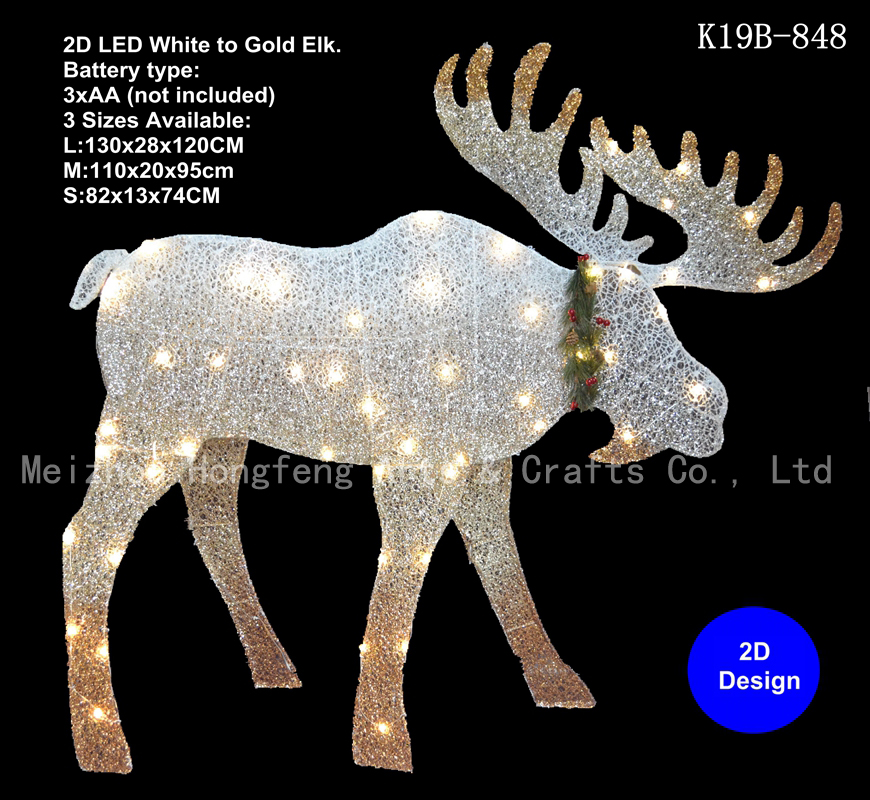 LED white to Champagne gold mess glitter Pre lit Elk Christmas decor-2D design , xmas Elk