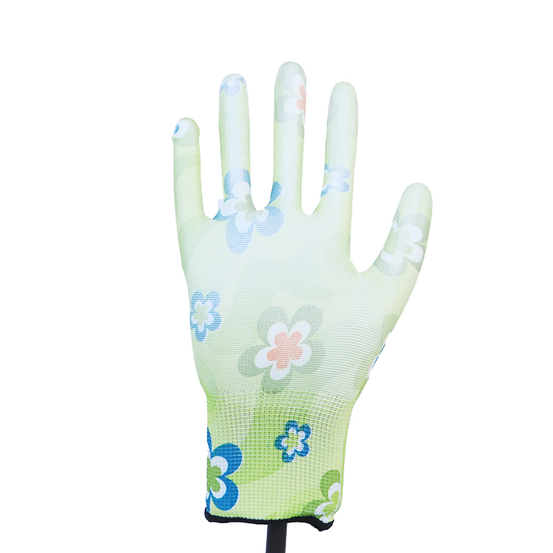Glove Pu-13g Floral Polyester Shell, Pu Coated Glove Working Gloves
