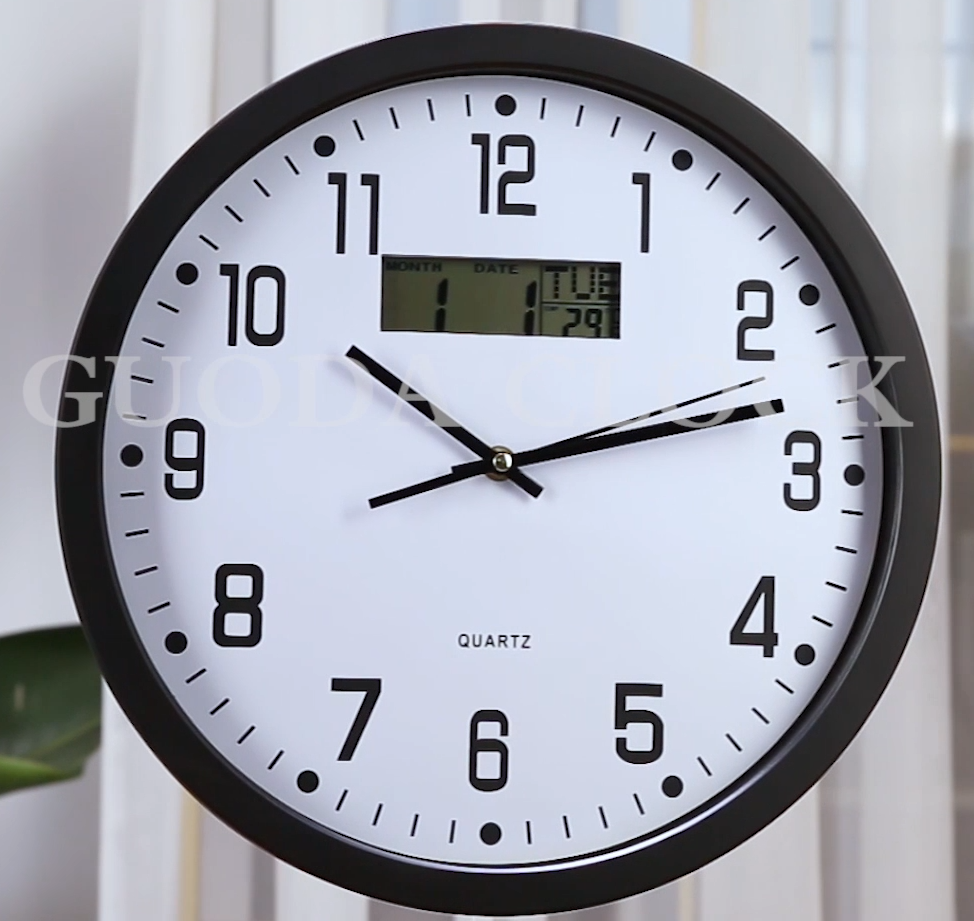 wall clock; quartz clock; LCD; date; week; Temperature; English French German Italian Spain; simple round clock; 14 inch 35cm