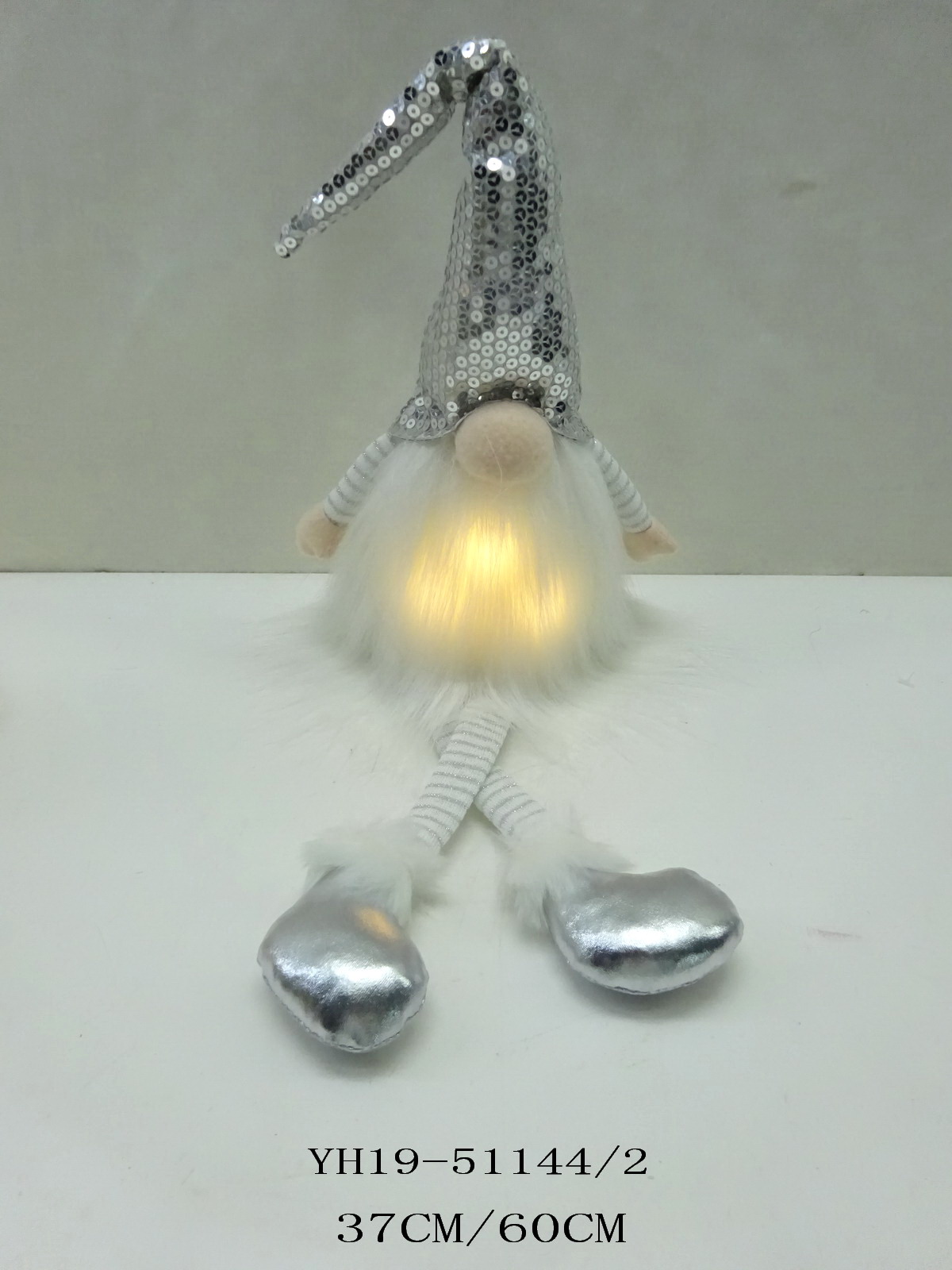 60CM Sitting Dangle Feet Silver Christmas Gnome With 3 Light