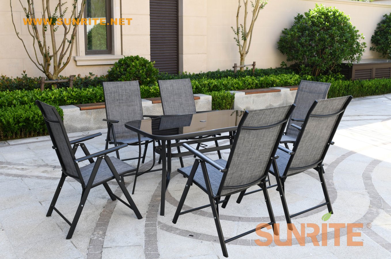 Barcelona 7pcs metal rect. glass folding sling patio furniture dining set
