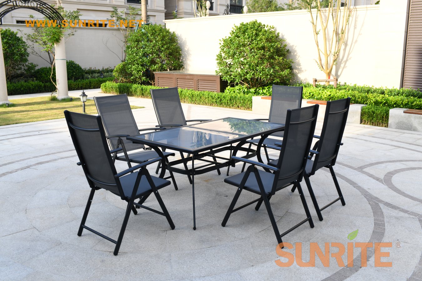 Charlotte patio 7pcs aluminum rect. glass adjustable folding sling recliner patio furniture dining set