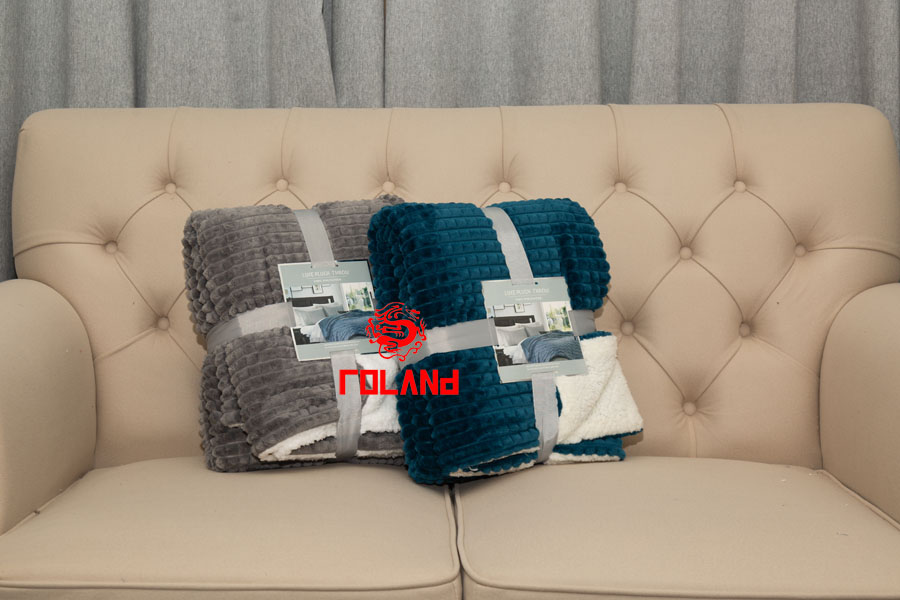 Solid Flannel With Stripe Jacquard+sherpa Backside, 2 Layer Blanket/Throw