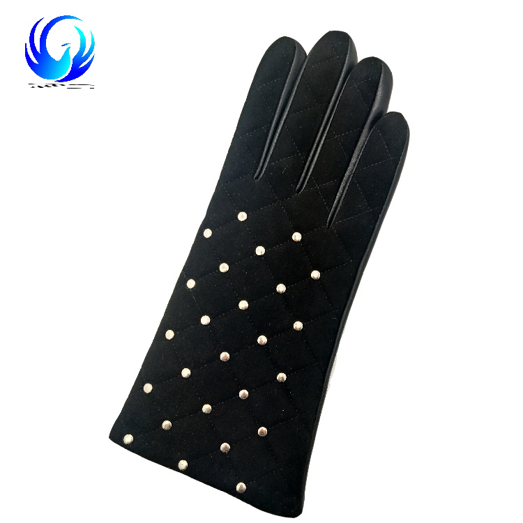 Winter warm genuine suede leather gloves with studs
