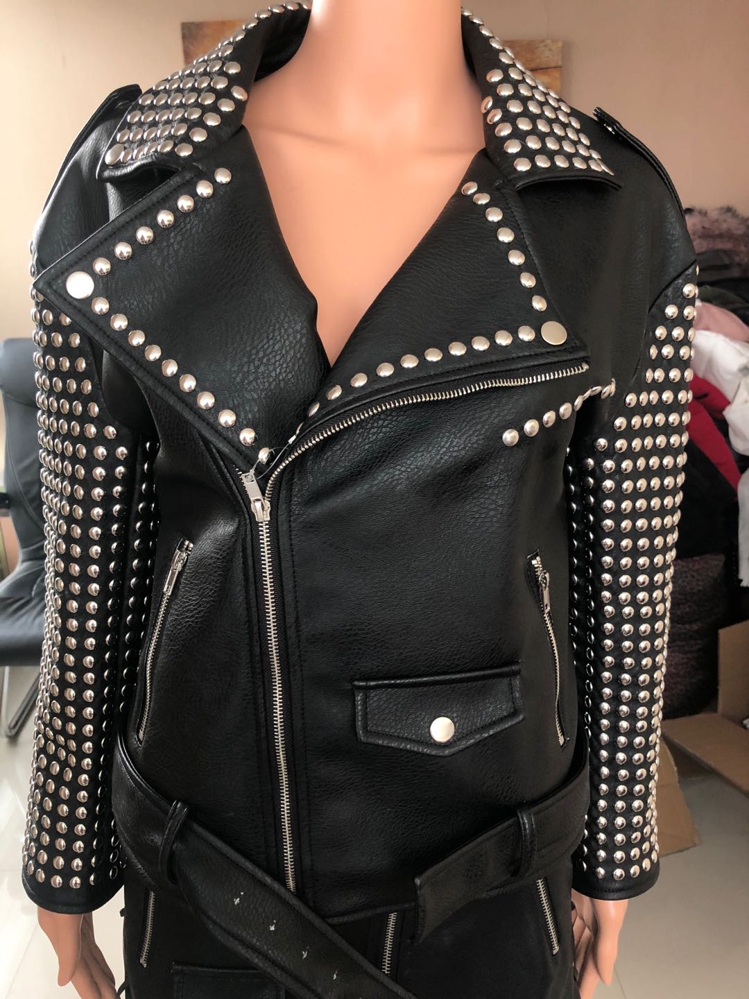 Ladies Print Embroidered With Studs Pu Jacket
