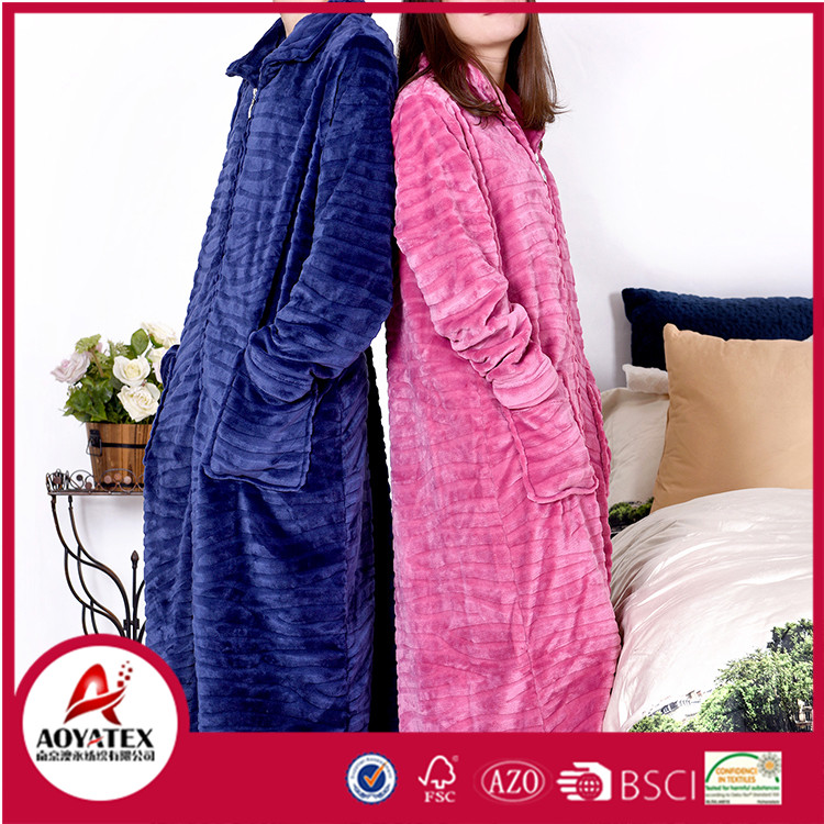 100% polyester flannel fleece women zip gown bathrobe