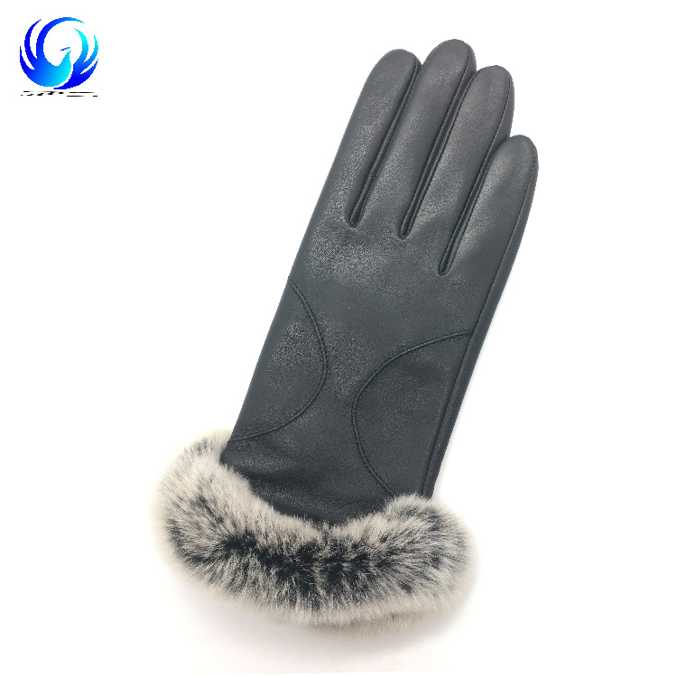 Women winter fashion sheep leather gloves with genuine fur