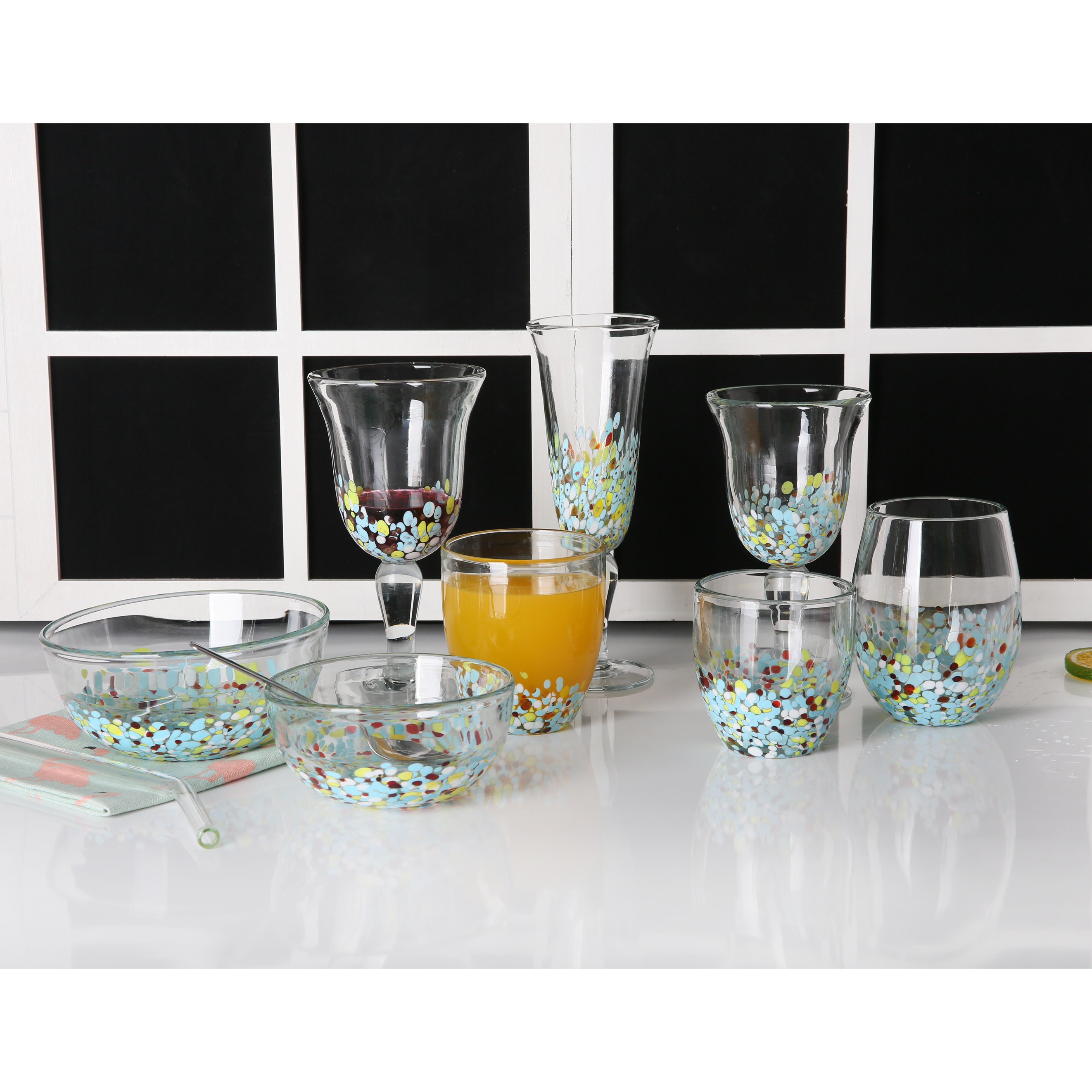 Hand-Blown Drinking Wine Glass with Colored Confetti Dots Red Wine Glass Stemware Champagne Flute.