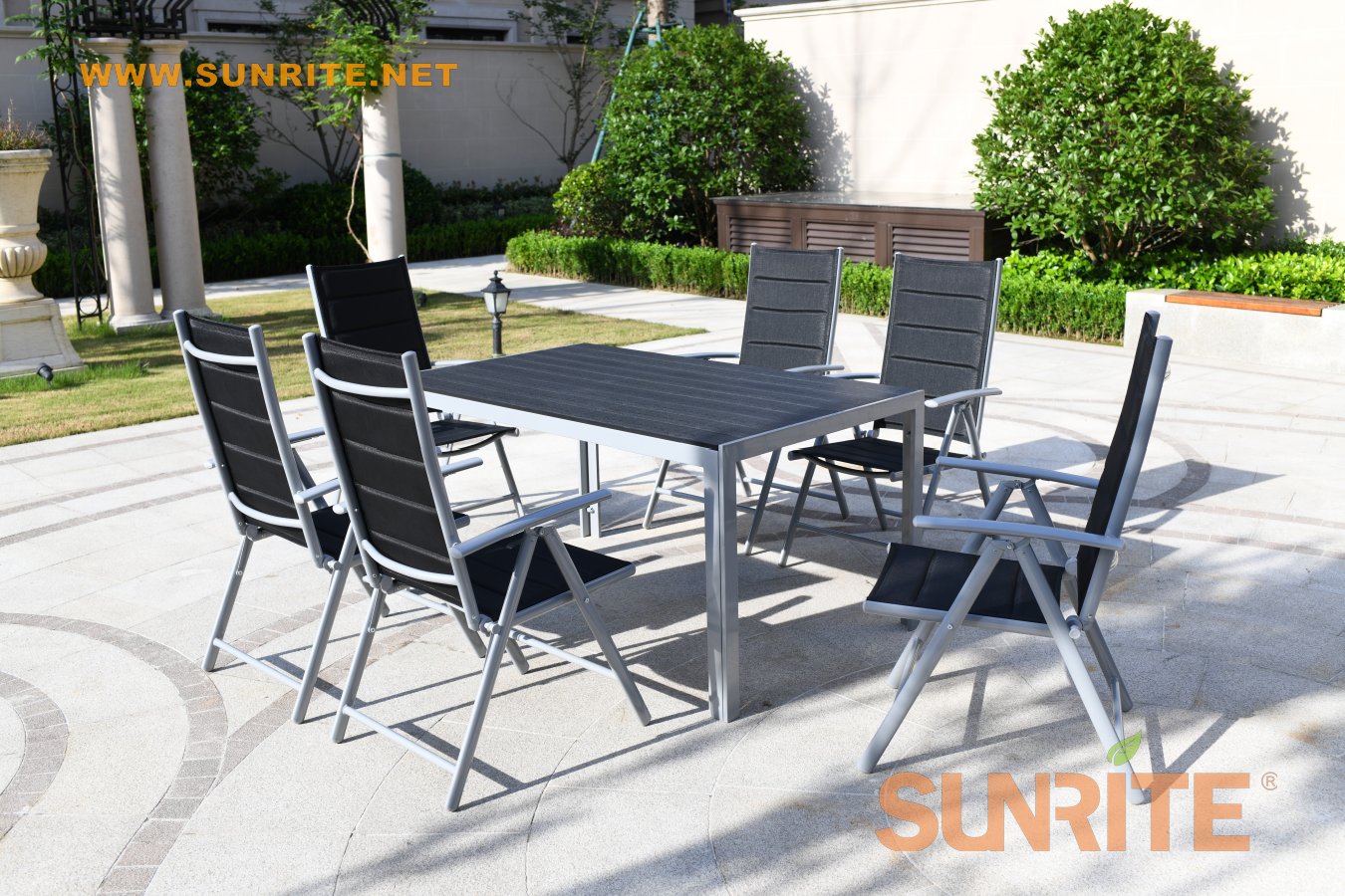 Antwerp patio 7pcs aluminum rect. polywood adjustable folding padded sling recliner patio furniture dining set