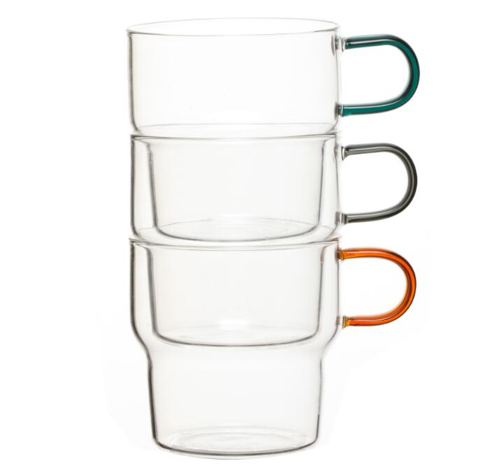 Hot Selling high borosilicate glass coffee mugs with colored handle ODM OEM Dishwasher Safe