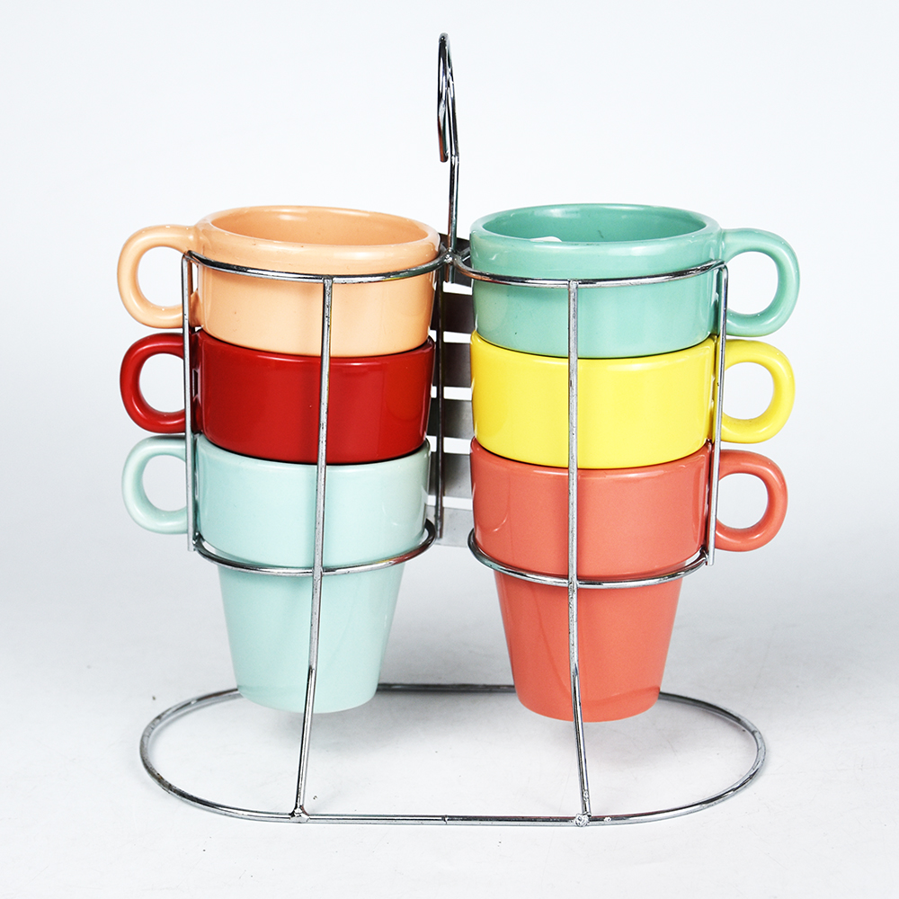 6pcs Stackable Coffee Mug with Metal Holder, Solid Color Mug