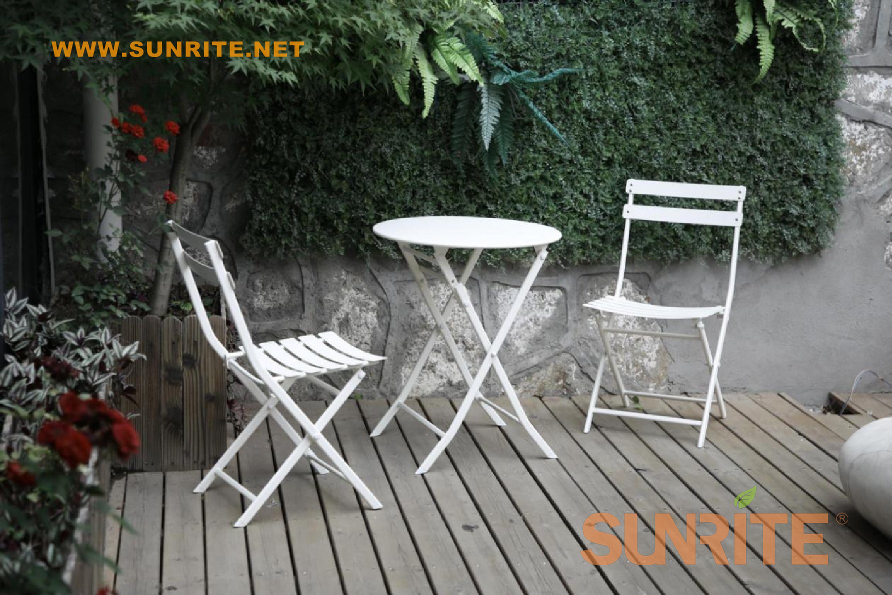 Galeton 3pcs round metal plate folding slat furniture bistro set