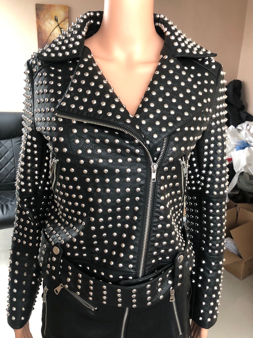 Ladies Print Embroidered With Studs Pu Jacket